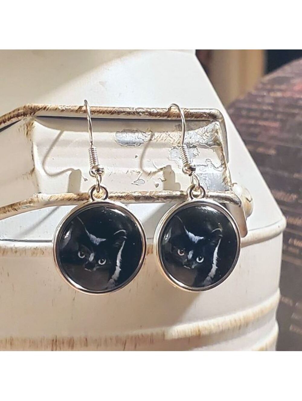 Black Cat Night Sky Silver Plated Glass Cabochon Kitty Kitten Dangle Earrings - Picture 5 of 6